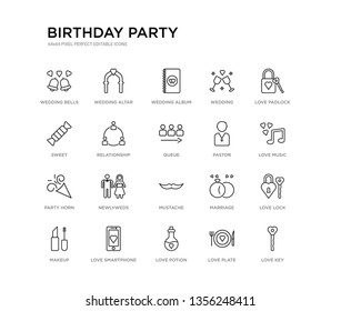 set of 20 line icons such as mustache, newlyweds, party horn, pastor, queue, relationship, sweet, wedding, wedding album, wedding altar. birthday party outline thin icons collection. editable 64x64