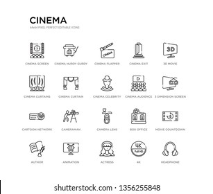 set of 20 line icons such as camera lens, cameraman, cartoon network, cinema audience, cinema celebrity, cinema curtain, curtains, exit, flapper, hurdy gurdy. outline thin icons collection. editable