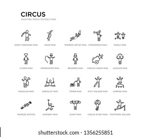 set of 20 line icons such as tamer man, aerialist man, magician man, circus canon bearded ringmaster clown strongman trapeze artist hoop circus outline thin icons collection. editable 64x64 stroke