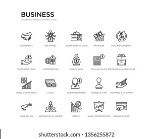 set of 20 line icons such as businesswomen, stack, puzzle game piece, tax calculate, money sack, corporation, mortgage loan, nepalese, journalist id card, big wheel. business outline thin icons