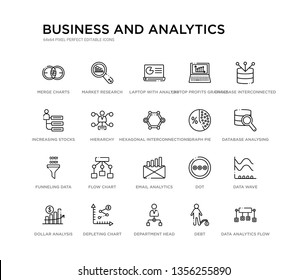 set of 20 line icons such as email analytics, flow chart, funneling data, graph pie, hexagonal interconnections, hierarchy, increasing stocks, laptop profits graphics, laptop with analysis, market