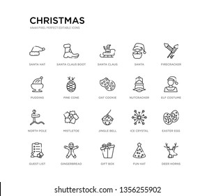 set of 20 line icons such as jingle bell, mistletoe, north pole, nutcracker, oat cookie, pine cone, pudding, santa, santa claus, santa claus boot. christmas outline thin icons collection. editable