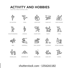 set of 20 line icons such as disc jockey, downhill, bmx, party, heart rate, jogging, mountaineering, hang out, jump rope, yoga. activity and hobbies outline thin icons collection. editable 64x64