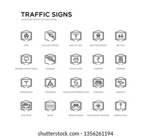 set of 20 line icons such as circular intersection, crossing, crossroad, curves, cycle lane, danger, degree curve road, end motorway, end of way, falling rocks. traffic signs outline thin icons