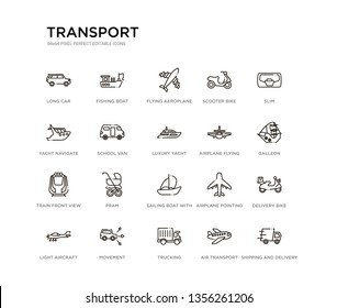 set of 20 line icons such as sailing boat with veils, pram, train front view, airplane flying, luxury yacht, school van, yacht navigate, scooter bike, flying aeroplane top view, fishing boat.