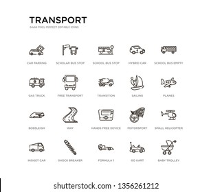 set of 20 line icons such as hands free device, way, bobsleigh, sailing, transition, free transport, gas truck, hybrid car, school bus stop, scholar bus stop. transport outline thin icons