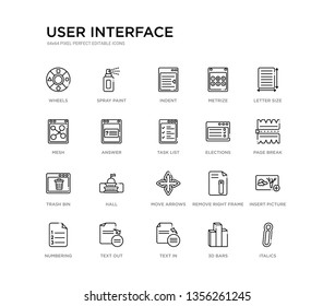 set of 20 line icons such as move arrows, hall, trash bin, elections, task list, answer, mesh, metrize, indent, spray paint. user interface outline thin icons collection. editable 64x64 stroke