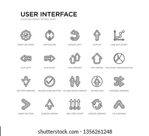 Set Of 20 Line Icons Such As Up And Down Arrow, Round Done Button, Bottom Arrows, Top Arrow, Top Arrows, Slim Right, Slim Left, Slim Up, Rotate Left, Opposition. User Interface Outline Thin Icons