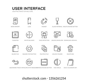 set of 20 line icons such as multiple file, square stop button, blank file, unlock envelope, face detection, white balance, tungsten, glass material, magnet, lace. user interface outline thin icons