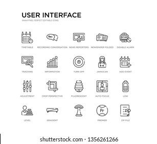 set of 20 line icons such as fluorescent, crop perspective, adjustment, jamaican, turn off, information, tracking, newspaper folded, news reporters, recording conversation. user interface outline