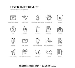 set of 20 line icons such as question mark, one hund, unlink, compose, rubbish, point at, cf, gear option, disconnected chains, paper bird. user interface outline thin icons collection. editable