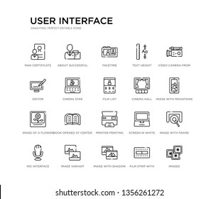 set of 20 line icons such as printer printing squares, book opened at center, image of a flower, cinema hall, film list, cinema star, editor, text height, facetime, about successful man. user
