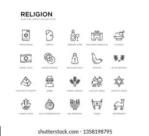 set of 20 line icons such as israel barley, rabbi, captives to egypt, shofar, religious salt, jewish bagels, israel flag, solomon temple in jerusalem, hebrew wine, kippah. religion outline thin