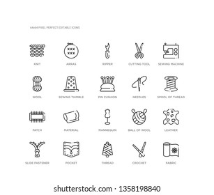 set of 20 line icons such as mannequin, material, patch, needles, pin cushion, sewing thimble, wool, cutting tool, ripper, arras. sew outline thin icons collection. editable 64x64 stroke