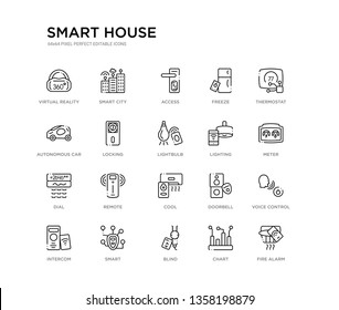 set of 20 line icons such as cool, remote, dial, lighting, lightbulb, locking, autonomous car, freeze, access, smart city. smart house outline thin icons collection. editable 64x64 stroke