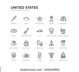 set of 20 line icons such as gramophone, fire hydrant, grand canyon, director chair, cab, electric guitar, donut, cowboy, walk of fame, rugby. united states outline thin icons collection. editable