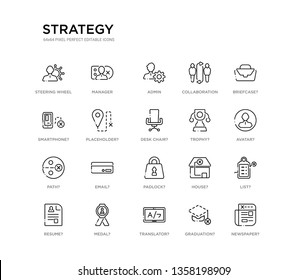 set of 20 line icons such as padlock?, email?, path?, trophy?, desk chair?, placeholder?, smartphone?, collaboration, admin, manager. strategy outline thin icons collection. editable 64x64 stroke