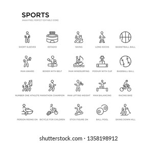 set of 20 line icons such as man lifting weight, marathon champion, number one athlete, podium with cup, man windsurfing, boxer with belt, man award, long socks, skiing, estadio. sports outline thin