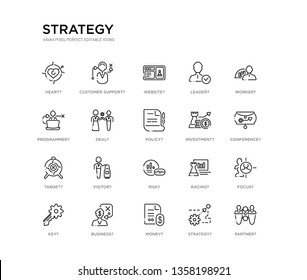 set of 20 line icons such as risk?, visitor?, target?, investment?, policy?, deal?, programmer?, leader?, website?, customer support?. strategy outline thin icons collection. editable 64x64 stroke