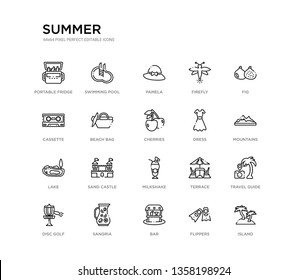 set of 20 line icons such as milkshake, sand castle, lake, dress, cherries, beach bag, cassette, firefly, pamela, swimming pool. summer outline thin icons collection. editable 64x64 stroke