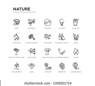 set of 20 line icons such as tree with white foliage, love nature, tree with big foliage, flower of leaves, two roses, flower bouquet, fire flame, led bulb, fengshui, savannah. nature outline thin