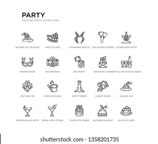 set of 20 line icons such as party dress, magician case, suit and tie, birthday card, big heart, big speaker, woman mask, two heart shaped balloons, chapaigne bottle in bucket, party flags. party