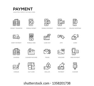 set of 20 line icons such as trade, cashier machine, sharing, atm, card key, mobile web, debit payment, mobile card, mobile payment, money. payment outline thin icons collection. editable 64x64