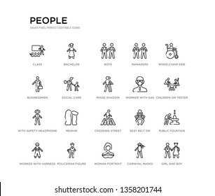 set of 20 line icons such as crossing street, menhir, with safety headphone, worker with gas mask, image shadow, social care, businessmen, managers, boys, bachelor. people outline thin icons