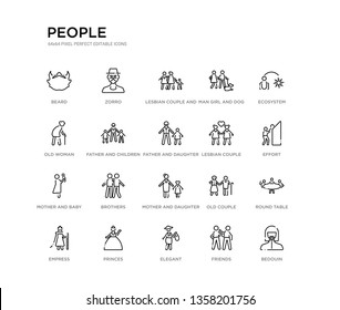 set of 20 line icons such as mother and daughter, brothers, mother and baby, lesbian couple, father and daughter, father children, old woman, man girl dog, lesbian couple son, zorro. people outline
