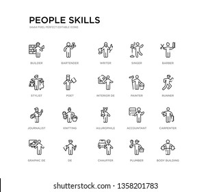 set of 20 line icons such as ailurophile, knitting, journalist, painter, interior de, poet, stylist, singer, writer, bartender. people skills outline thin icons collection. editable 64x64 stroke