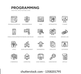 set of 20 line icons such as engineering, game development, html5, hyperlink, image seo, keyboard and mouse, mobile development, optimization, page, program error. programming outline thin icons