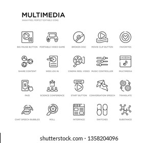 set of 20 line icons such as start button, science conference, paid, music controller, cinema reel video camera, web log in, share content, movie clip button, broken disc, portable video game
