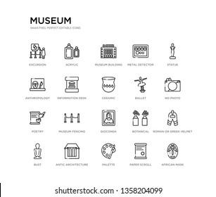 set of 20 line icons such as gioconda, museum fencing, poetry, ballet, ceramic, information desk, anthropology, metal detector, museum building, acrylic. museum outline thin icons collection.