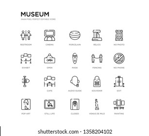 set of 20 line icons such as audio guide, cafe,  , fencing, mask, open, exhibit, relics, porcelain, cinema. museum outline thin icons collection. editable 64x64 stroke