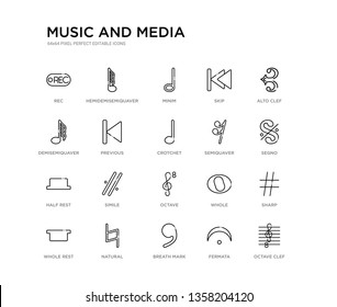 set of 20 line icons such as octave, simile, half rest, semiquaver, crotchet, previous, demisemiquaver, skip, minim, hemidemisemiquaver. music and media outline thin icons collection. editable 64x64