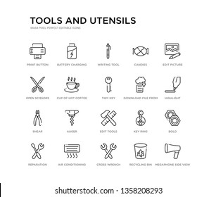 set of 20 line icons such as edit tools, auger, shear, download file from cloud, tiny key, cup of hot coffee, open scissors, candies, writing tool, battery charging status. tools and utensils