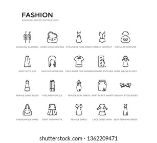 set of 20 line icons such as female sexy dress, eyeliner pencils, female long black dress, clothing stitches, polo shirt for women, hair wig with side, skirt with slit and belt, female swimsuit,
