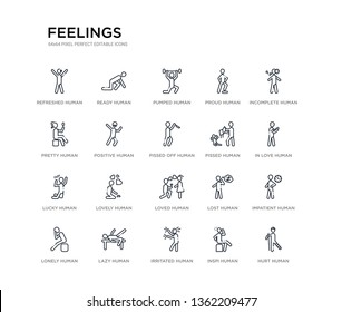 set of 20 line icons such as loved human, lovely human, lucky human, pissed pissed off positive pretty proud pumped ready feelings outline thin icons collection. editable 64x64 stroke