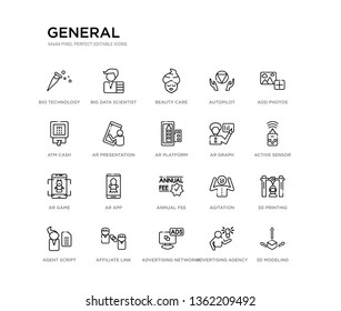 set of 20 line icons such as annual fee, ar app, ar game, ar graph, platform, presentation, atm cash, autopilot, beauty care, big data scientist. general outline thin icons collection. editable