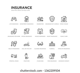 set of 20 line icons such as glasses insurance, hail on the car, health insurance, heart insurance, house house for storms, for home of tornado, of a shield with dollar, inundation, investment