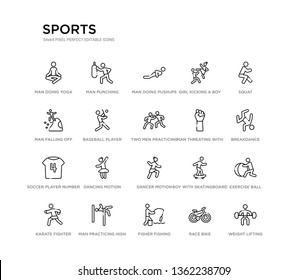 set of 20 line icons such as dancer motion, dancing motion, soccer player number four, man threating with his fist, two men practicing karate, baseball player with bat, man falling off a precipice,