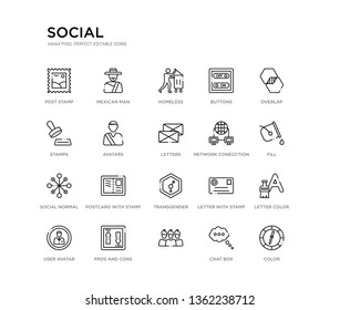set of 20 line icons such as transgender, postcard with stamp, social normal, network conecction, letters, avatars, stamps, buttons, homeless, mexican man. social outline thin icons collection.