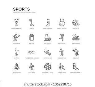 set of 20 line icons such as jumping ski, two boxing gloves, skating, excercise, ice skates, batter, home run, chest guard, shin guards, ankle. sports outline thin icons collection. editable 64x64