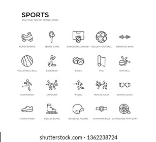 set of 20 line icons such as wushu, capoeira, taekwondo, foil, balls, excersice, volleyball ball, soccer football ball, basketball basket, tennis game. sports outline thin icons collection. editable