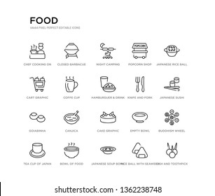 set of 20 line icons such as cake graphic, canjica, goiabinha, knife and fork, hamburguer & drink, coffe cup, cart graphic, popcorn shop, night camping, closed barbacue. food outline thin icons