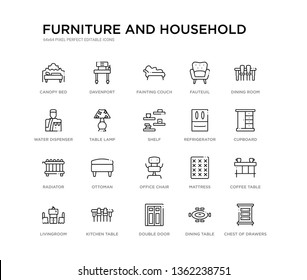 set of 20 line icons such as office chair, ottoman, radiator, refrigerator, shelf, table lamp, water dispenser, fauteuil, fainting couch, davenport. furniture and household outline thin icons