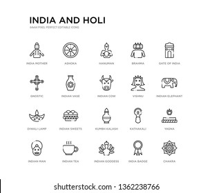 set of 20 line icons such as kumbh kalash, indian sweets, diwali lamp, vishnu, indian cow, indian vase, gnostic, brahma, hanuman, ashoka. india and holi outline thin icons collection. editable 64x64