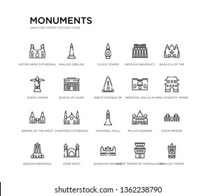 set of 20 line icons such as national mall, chartres cathedral, bridge of the west, medieval walls in avila, great mosque of samarra, quinta saint peter alexandria, christ eemer, segovia aqueduct,