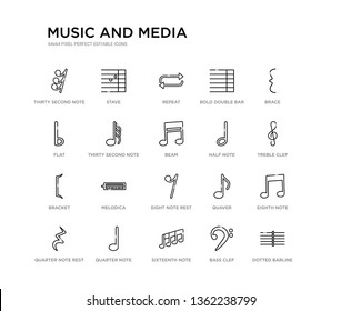 set of 20 line icons such as eight note rest, melodica, bracket, half note, beam, thirty second note, flat, bold double bar line, repeat, stave. music and media outline thin icons collection.