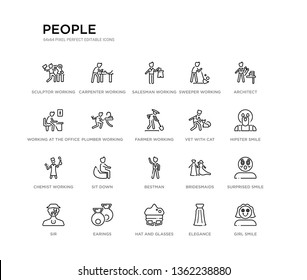 set of 20 line icons such as best man, sit down, chemist working, vet with cat, farmer working, plumber working, at the office, sweeper salesman carpenter people outline thin icons collection.